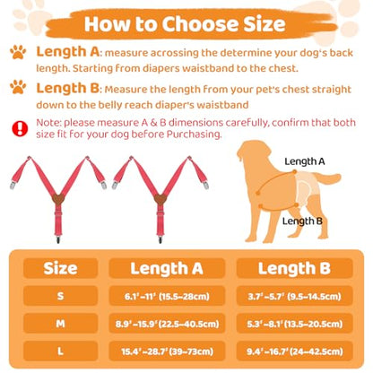 2Pcs Premium Dog Suspenders for Diapers, Belly Bands, Dog Apparel, Adjustable Elastic, Size avaiable for Small Medium and Large Dogs (Watermelon Pink L) - size: Large (Back length 15.4"-28.7")