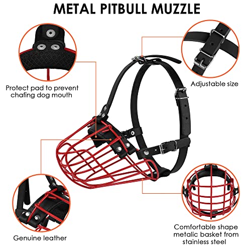 Pitbull Dog Muzzle Metal Mask Amstaff Secure Wire Basket Adjustable Durable Leather Straps for Large Dogs (Red) - color: Red