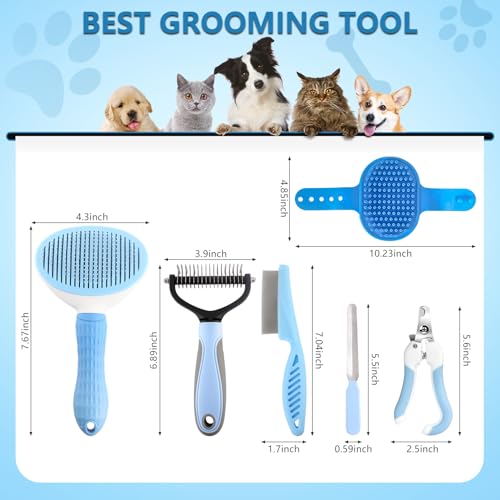 Dog Brush Dog Grooming Kit 6PCS Dog Brush for Shedding-Dog Brushes for Grooming, Dematting Comb for Dogs, Cat Nail Clipper with Nail File, Flea Comb, Bath Brush(Blue) - size: 6PCS