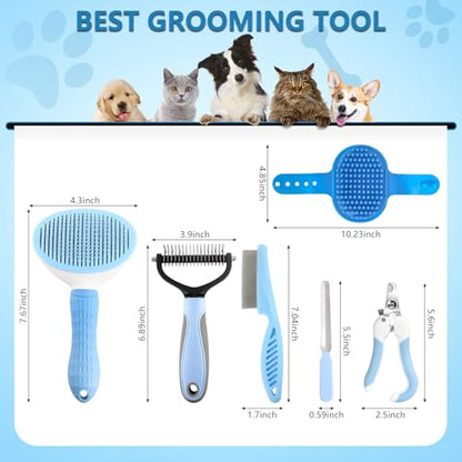 Dog Brush Dog Grooming Kit 6PCS Dog Brush for Shedding-Dog Brushes for Grooming, Dematting Comb for Dogs, Cat Nail Clipper with Nail File, Flea Comb, Bath Brush(Blue) - size: 6PCS