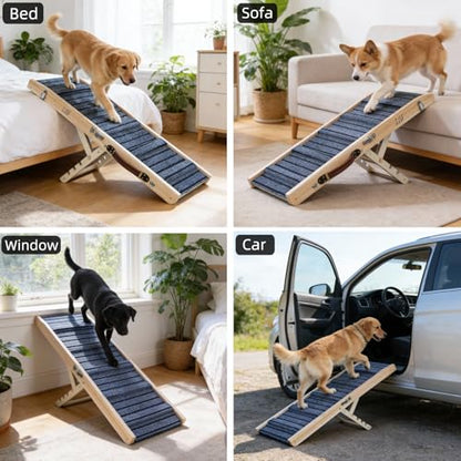 ZJSF Foldable Wooden Dog Ramp for High Bed, Dog Stairs for Small Dogs, High Traction Platform with 4 Adjustable Heights (14"-19.7"), 33" L, Supports up to 70 lbs - size: 33"L X 11.8"W