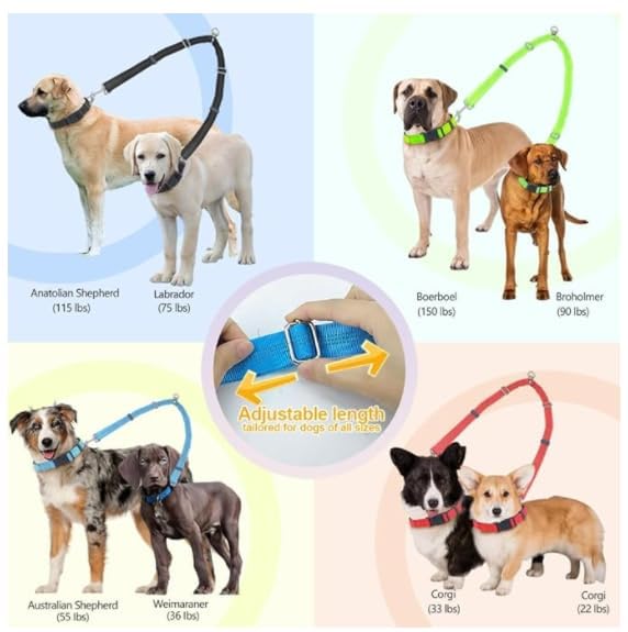Double Dog Leash Coupler, No Tangle 360° Swivel Adjustable Reflective Dog Leash Splitter for 2 Dogs, Heavy Duty Shock Absorbing Bungee Lead Extension for Small Medium Large Dogs