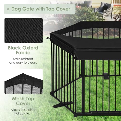 SMONTER Freestanding Dog Gate with Door Walk Through, 152" Extra Wide Foldable Dog Fence with Removable Cover, 6 Panels 29" Tall Metal Pet Gate for Stairs, Hallways - size: 6 Panels with Cover 152" W x 29" H