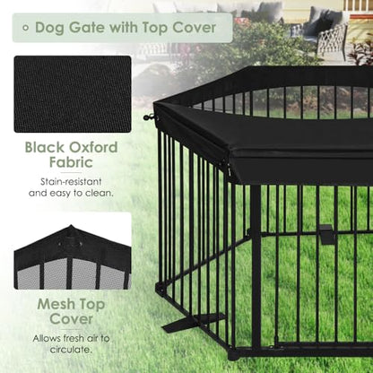 SMONTER Freestanding Dog Gate with Door Walk Through, 152" Extra Wide Foldable Dog Fence with Removable Cover, 6 Panels 29" Tall Metal Pet Gate for Stairs, Hallways - size: 6 Panels with Cover 152" W x 29" H