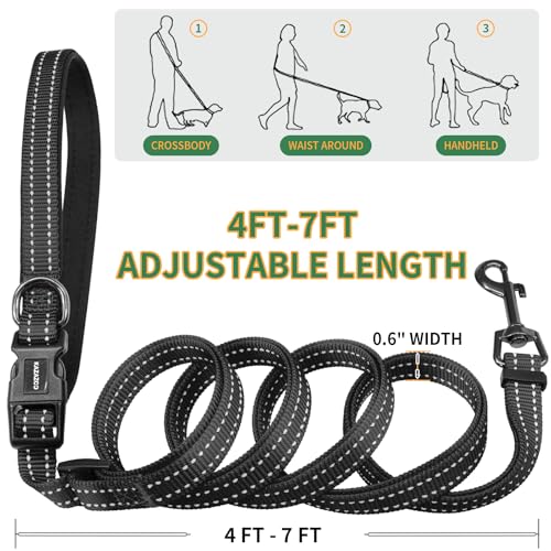 Kazazoo Hands-Free Dog Leash with Poop Bag Holder, Adjustable 4-7 Ft Waist for Dog Walking, Running for Small Dogs with Reflective Strips, Nylon Waist Belt, Black - color: Black
