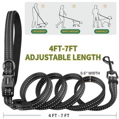 Kazazoo Hands-Free Dog Leash with Poop Bag Holder, Adjustable 4-7 Ft Waist for Dog Walking, Running for Small Dogs with Reflective Strips, Nylon Waist Belt, Black - color: Black