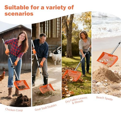 12inch Chicken Poop Scooper & Rake 2-in-1, Heavy Duty Metal Chicken Coop Scoop for Sand with Ergonomic Grip, Adjustable Angle Stainless Steel Chicken Coop Rake Sifting Shovel (37-64"),Orange - color: Orange