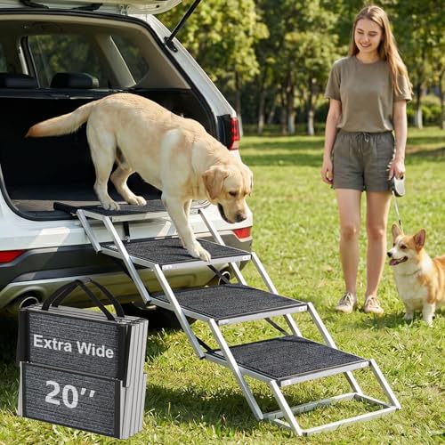 Dog Stairs for Large Dogs, 20" Extra Wide Folding Dog Ramp for Car SUV Truck, Lightweight Dog Steps with Non-Slip Surface & Aluminum Frame, Portable Pet Stairs Supports up to 250 lbs, 4 Steps - size: 20*17 in