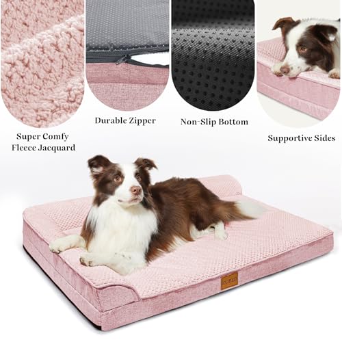 Orthopedic XL Dog Bed Large Sized Dog 42''X28'', Waterproof L Bolster Egg Crate Foam Big Pet Crate Beds with Washable Removable Cover, Non-Slip Soft Pet Couch Sleep Mat, Pink - color: Pink, size: XL:42x28x3.5 IN