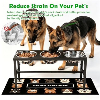 SHAINFUN Elevated Dog Bowl Stand for Large Dogs& Extra Large Dogs with 3 Bowls 101oz– 4 Adjustable Height Raised Pet Feeder with Anti-Spill Mat, Stainless Steel Food & Water Station - color: Black-3L-Three