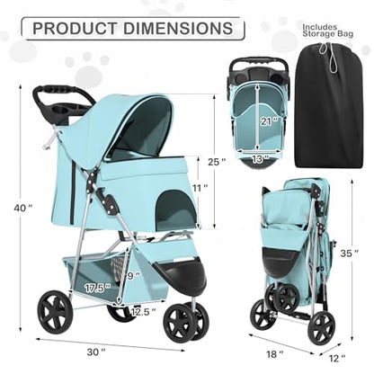 MoNiBloom 3 Wheels Pet Dog Cat Stroller for Small Medium Dogs Cats, Lightweight Foldable Jogger Stroller w/Storage Basket and Cup Holder, Mint Green - color: Mint Green