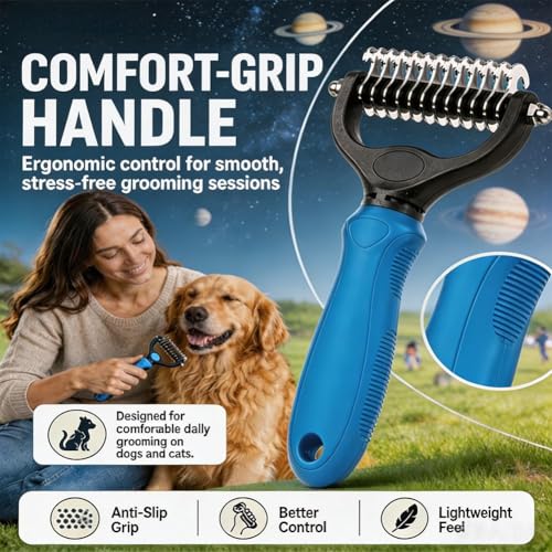 2-In-1Pet Hair Brush - Double-Sided Deshedding Dematting Tool, Undercoat Rake for Dogs & Cats, Extra-Wide Dog Grooming Brush & Deshedder Comb for Long Hair (Blue)
