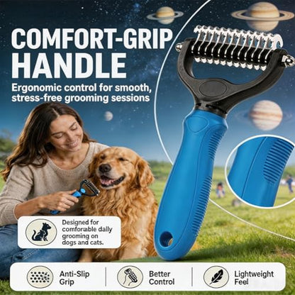 2-In-1Pet Hair Brush - Double-Sided Deshedding Dematting Tool, Undercoat Rake for Dogs & Cats, Extra-Wide Dog Grooming Brush & Deshedder Comb for Long Hair (Blue)