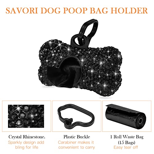 SAVORI Dog Poop Bag Holder Bling Crystal Dog Waste Bags Dispenser for Pet Dog Doggy with Carabiner Clip Includes 1 Roll 15 Bags (Black) - color: Black