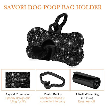 SAVORI Dog Poop Bag Holder Bling Crystal Dog Waste Bags Dispenser for Pet Dog Doggy with Carabiner Clip Includes 1 Roll 15 Bags (Black) - color: Black