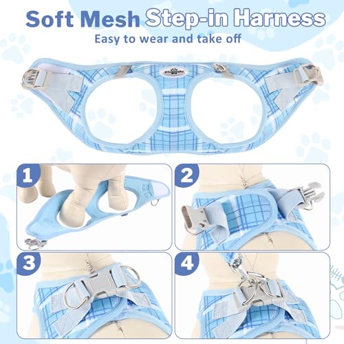 Gyuzh Dog Harness and Leash Set, 3-in-1 Step in No Pull Harness Vest Collar for Small Dogs & Cats, Lightweight Breathable Mesh Reflective Plaid with Padded Handle (Blue, L) - color: Blue, size: L