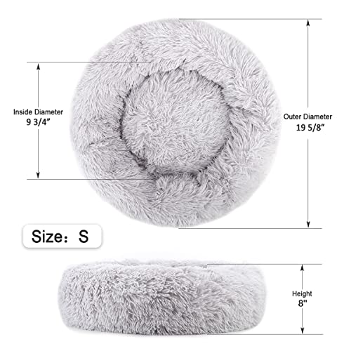 NOYAL Calming Donut Dog Bed for Small to Medium Dogs & Cats - Plush Faux Fur Anti-Anxiety Pet Bed with Machine Washable Cover & Non-Slip Base - color: Light gray, size: Small 19.6''