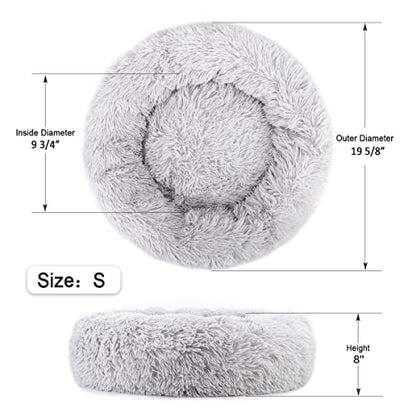 NOYAL Calming Donut Dog Bed for Small to Medium Dogs & Cats - Plush Faux Fur Anti-Anxiety Pet Bed with Machine Washable Cover & Non-Slip Base - color: Light gray, size: Small 19.6''
