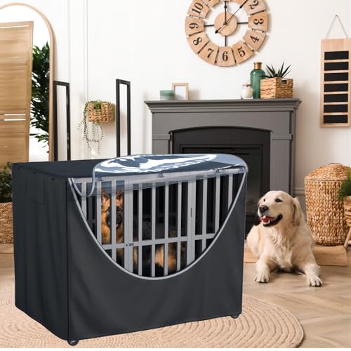 Dog Crate Cover 48 Inch - Heavy-Duty 900D Oxford Waterproof Dog Kennel Cover with Fleece Lining, Zipper, and Clear Window (Black, Fits 48.5“ L x 31.5” W x 36.5" H Crates) - color: Black（with fleece lining）, size: 48.5"L x 31.5"W x 36.5"H