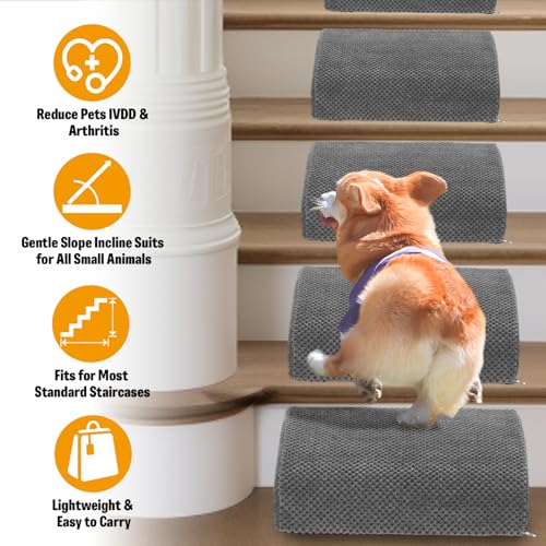 40D Dog Ramp for Stairs for Small & Senior Dogs and Cats – Non-Slip Stair Ramp for Dogs with Gentle Slope, Pet Ramp with Washable Cover & Self-Sticky Pads for Safe Climbing Easy Install(Grey, 5 Pack)