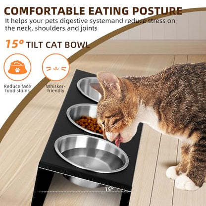 Elevated Cat Food Bowls [3 Pack] - 15° Tilted Stainless Steel, Anti-Vomit Raised Pet Feeder with Non-Slip Base, Ergonomic Whisker-Friendly Bowl Set for Indoor Cats & Kittens - size: Stainless Steel-3 Bowls