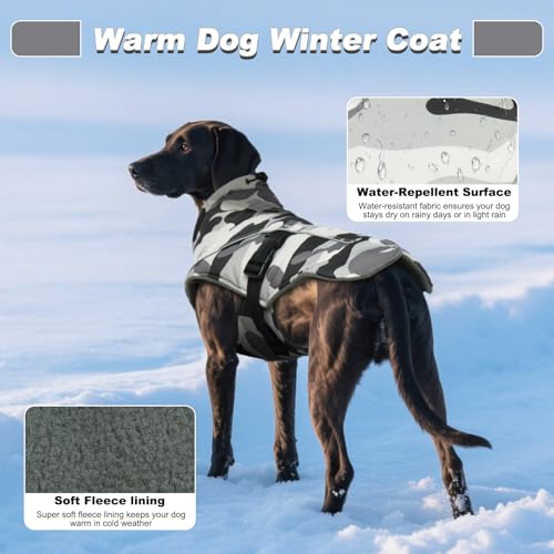 DENTRUN Warm Dog Winter Coat, Easy On Reflective Turtleneck Fleece Jacket | Adjustable buckle, easy on off, windproof & water-repellent, thick fleece snowsuit, outfit fits small to large breeds - color: White Camouflage, size: Medium