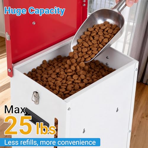 Metal Automatic Dog Feeder 2-Pack- 25LBS Food Capacity Automatic Gravity Dispenser, Powder Coated & Waterproof for Indoor & Outdoor Use, 12.3" L x 10.5" W x 21.3" H, Red and White - size: 25 Pounds - 2 PCS