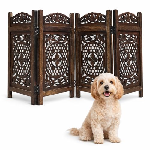 Pet Gate Indoor Foldable in Raise Wood-4 Panel Dog Safety Gate, 56" W x 28" H, Hand-Carved Solid Wood & MDF,Free Standing Portable Indoor Gate for Doorways,Halls, Stairs-Fully Assembled,Burnt - color: Burnt, size: 56"x28" Mulsory 4 Panels