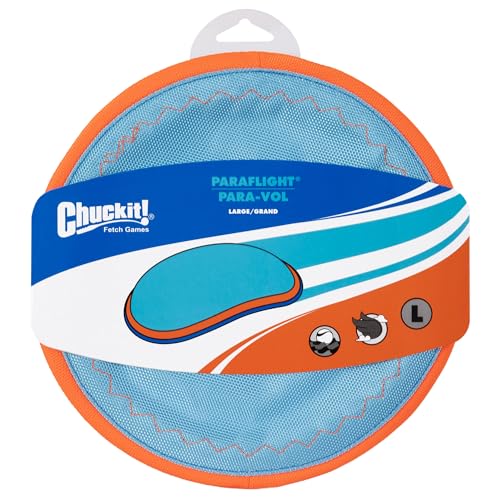 Chuckit! Paraflight Flying Disc Dog Toy - Water Floating Flyer - Durable Nylon Construction with Soft Rubber Edges - For Medium and Large Dogs - Size Large - 9.75" L x 9.75" W - Pack of 1 | Durable nylon build with soft rubber edges, made for medium and l