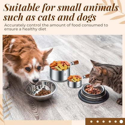 SiliFine 3 Pcs Dog Food Scoop 1 Cup, 1/2 Cup, 1/4 Cup Stainless Steel Pet Food Scoop Measuring Cup with short Handle for Dog Cat Rabbit Food Feeding Kitchen Gadget Utensil