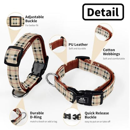 NESTROAD Dog Collar and Leash Set,Soft Neoprene Pet Collar with Quick Release Buckle,Adjustable Nylon Dog Collars for Small Medium Large Dogs(Small,Cherecked Beige) - color: Checkered Beige, size: Small