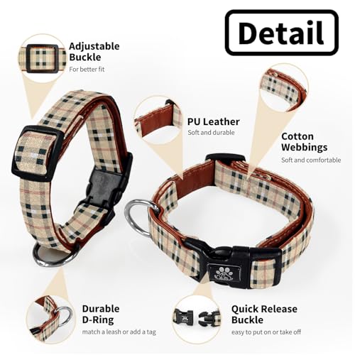NESTROAD Dog Collar and Leash Set,Soft Neoprene Pet Collar with Quick Release Buckle,Adjustable Nylon Dog Collars for Small Medium Large Dogs(Medium,Cherecked Beige) - color: Checkered Beige, size: Medium