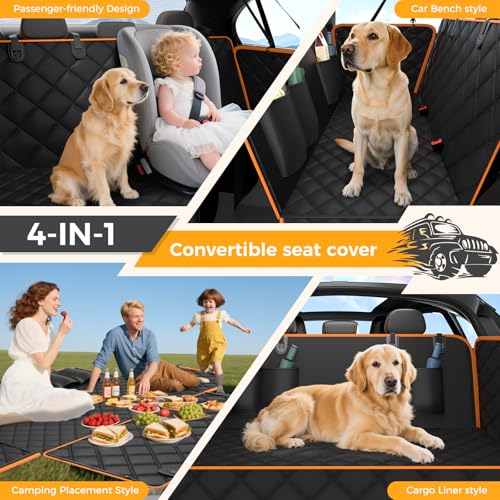 Dog Car Seat Cover for Back Seat,100% Waterproof Scratch Proof Nonslip Seat Cover,600D Heavy Duty Scratch Proof Nonslip Durable Soft Dog Hammock - color: Black Orange