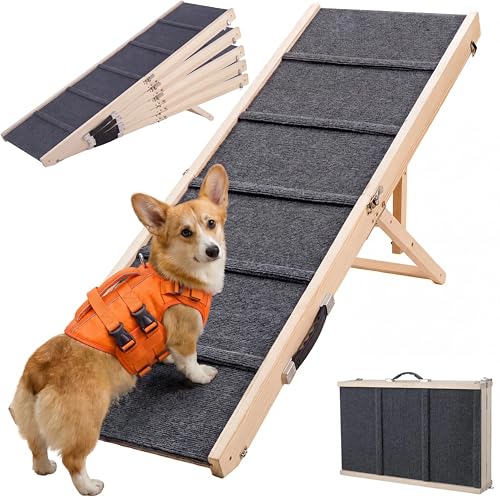 Extra 51.2" Long Dog Ramp for Bed & Couch - Adjustable Height 9.5" to 24" Wooden Non-Slip Pet Ramp, Portable Foldable Doggie Car Ramp for Small Medium Large Older Dogs, 200 LBS Load