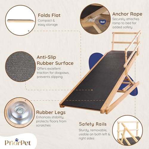 Dog Ramp for Bed with Safety Rails for High Beds up to 37" – Extra Wide 19.5" Adjustable Dog Bed Ramp for Large Dogs up to 200 lbs – Solid Birchwood, Non-Slip Rubber Surface, Foldable Design – Natural - color: Natural