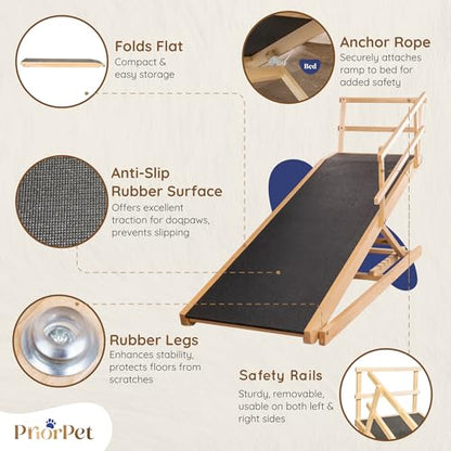 Dog Ramp for Bed with Safety Rails for High Beds up to 37" – Extra Wide 19.5" Adjustable Dog Bed Ramp for Large Dogs up to 200 lbs – Solid Birchwood, Non-Slip Rubber Surface, Foldable Design – Natural - color: Natural
