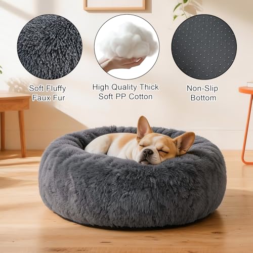 Dog Calming Beds for Small Medium Large Dogs - Round Donut Washable Puppy Dog Bed, Anti-Slip Faux Fur Fluffy Donut Cuddle Anxiety Cat Pet Bed(28" Dark Grey) - color: Dark Grey, size: 28"L x 28"W x 8"Th