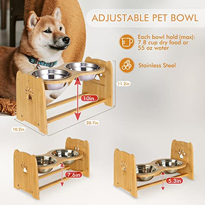 X-ZONE PET Elevated Dog Bowls for Cats and Dogs, Adjustable Bamboo Raised Dog Bowls for Large Dog, Food and Water Stand Feeder with 2 Stainless Steel Bowls Anti Slip Feet (Height 5.1" to 7.5" to 10")… - size: L- Height 5.1" up to 10"