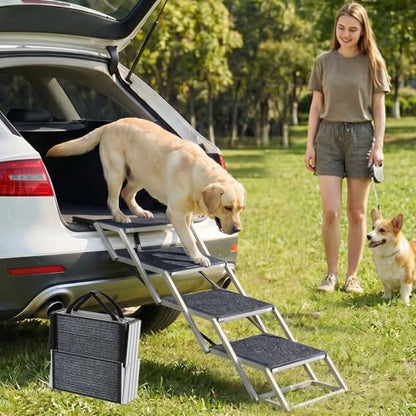 Dog Stairs for Car - Folding Dog Ramp 17" Wide, Portable & Lightweight Dog Steps with Non-Slip Surface & Aluminum Frame, Pet Stairs Supports up to 250 lbs, 4 Steps - size: 17.3*13 in