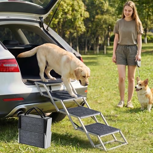 Dog Stairs for Car - Folding Dog Ramp 17" Wide, Portable & Lightweight Dog Steps with Non-Slip Surface & Aluminum Frame, Pet Stairs Supports up to 250 lbs, 4 Steps - size: 17.3*13 in