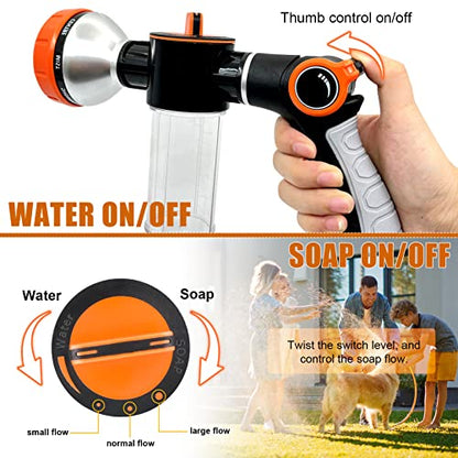8 in 1 Garden Hose Nozzle Sprayer, Upgrade Dog Wash Hose Attachment with 3.5OZ/100CC Soap Dispenser Bottle and Dog Shower Brush, Ideal for Watering Flowers, Car Washing, Dog and Horse Bathing - color: Orange