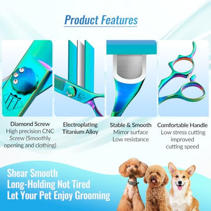 Dog Grooming Scissors: 7" Straight Pet Shears Skeletonized blade Made Of Japanese 440C for Trimming Dogs Cats and Other Pets Green