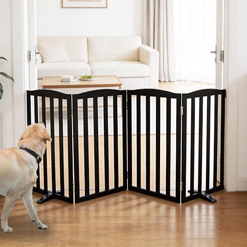 Freestanding Dog Gate Indoor,Doggie Gate Foldable Pet Gates for Doorways,Stairs or Hallways, Wooden Black Pet Gate for the House, Pet Fence with Support Feet Included,32 "Height-4 Panels - color: Black, size: 【4 Panels】80‘’w x 32''h