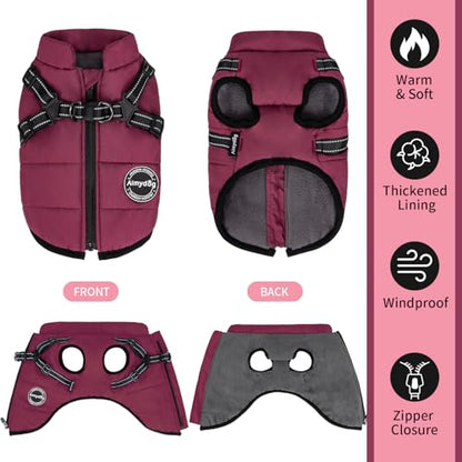 Dog Winter Coat, Warm Dog Jacket Reflective Adjustable Fleece Vest with Harness Built in, Windproof Pet Snow Jacket Snowsuit with Zipper for Small Medium Dogs, Purple XS - color: Purple, size: X-Small