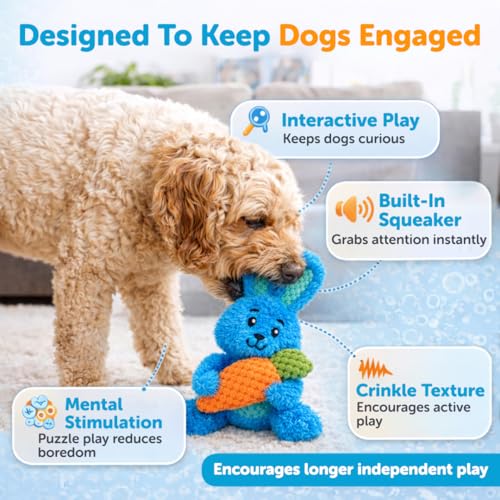GURU Loveys Soft & Cuddly Rabbit Dog Toy with Removable Squeaker - Dog Toy with Multiple Textures to Stimulate Play & Engage Your Dog’s Instincts- Puzzle Dog Toy, Low-Pile & Bubble Plush - style: Rabbit