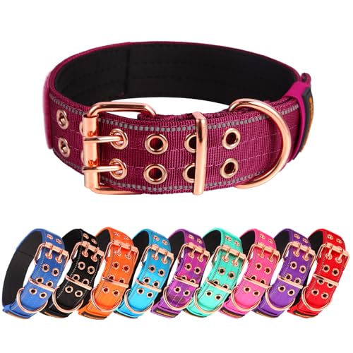 Heavy Duty Tactical Dog Collar with Neoprene Padded and Metal Buckle, Reflective Nylon for Medium to Large Dogs(Wine Red, Medium) - color: Wine Red, size: Medium (Pack of 1)