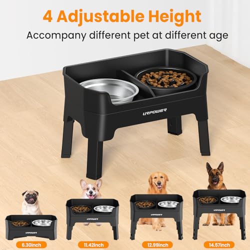 URPOWER 3-in-1 Elevated Dog Bowls - Mess Proof Double Deck 4 Height Adjustable Raised Stand with Stainless Steel Bowl & Slow Feeder & Licking Plate for Small, Medium & Large Dogs - color: Matte Black, size: Large