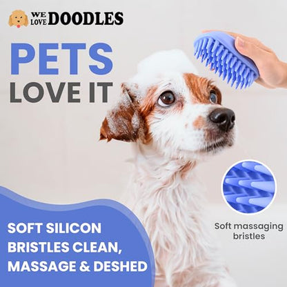 We Love Doodles 50pcs Dog Teeth Cleaning Wipes & Bath Brush Bundle - Dental Finger Wipes & Rubber Brush for Shower Scrubbing & Massage, 2 Pack