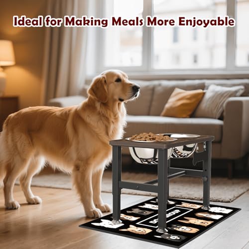 SHAINFUN Elevated Dog Bowls with Slow Feeder & Mat for Medium and Large Dogs, 12" Tall Adjustable Wooden & Metal Raised Dog Bowl Stand, 2 Stainless Steel 58oz Bowls for Food & Water - color: Brown-1.7L