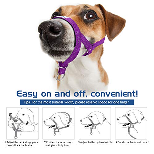 Pawaboo Dog Muzzle, Head Halter Collar for Dog, Pet Nylon Reflective Adjustable Loop Anti-Biting Barking Control Easy Fit Dogs Stops Dogs Pulling Head Leash, Small Size, Purple - color: Purple, size: Small